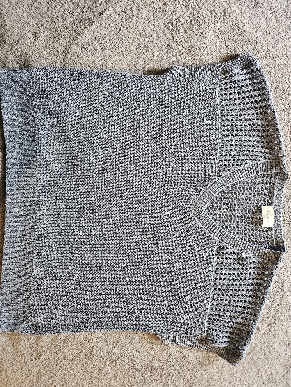 Lightweight Gray V-Neck Open-Knit Sweater Top